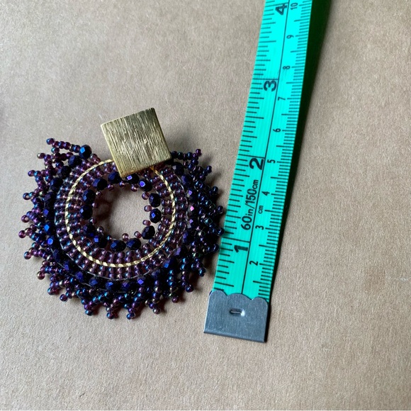Mexican Beaded Handmade Purple Gold Statement Earrings - Picture 6 of 6
